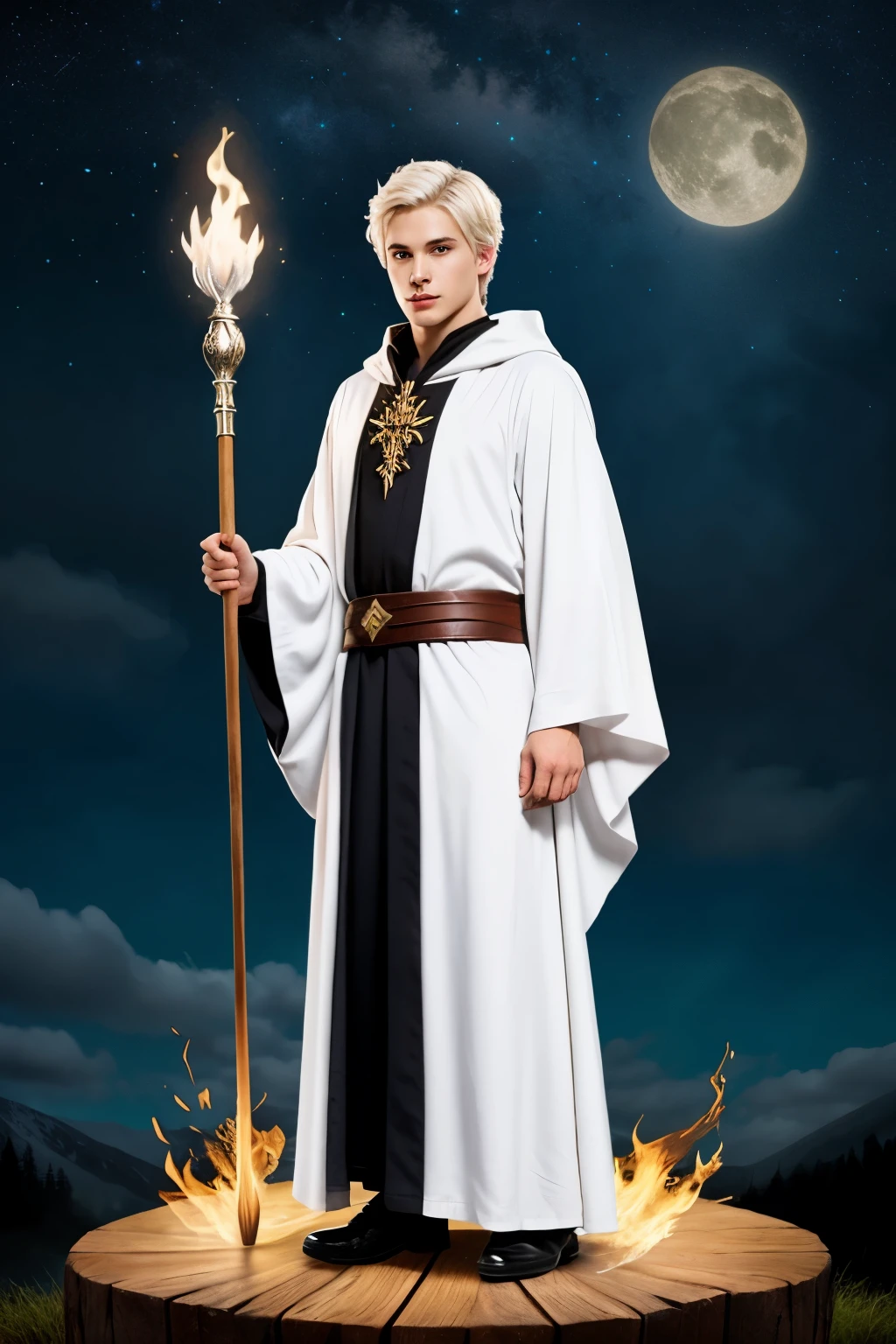 Young man, Attractive, Wizard, Animated, Short White Hair, Wooden Staff, dark robes