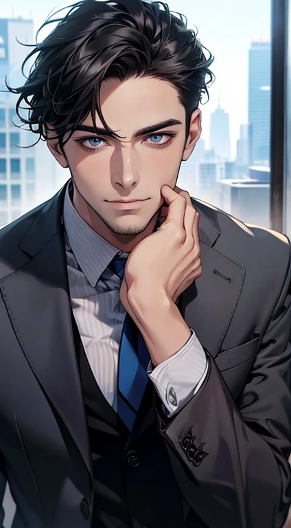 (best quality,4k,8k,highres,masterpiece:1.2),ultra-detailed,(realistic,photorealistic,photo-realistic:1.37),1 man,31 years old,mature man,very handsome,without expression,smile,short grey black hair,blue eyes,penetrating gaze,perfect face without errors,imposing posture,businessman,office background,cinematic lighting,hdr image