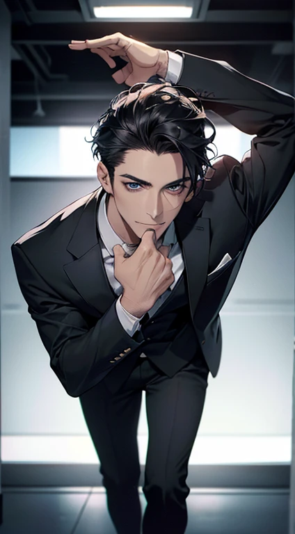 (best quality,4k,8k,highres,masterpiece:1.2),ultra-detailed,(realistic,photorealistic,photo-realistic:1.37),1 man,31 years old,mature man,very handsome,without expression,smile,short grey black hair,blue eyes,penetrating gaze,perfect face without errors,imposing posture,businessman,office background,cinematic lighting,hdr image