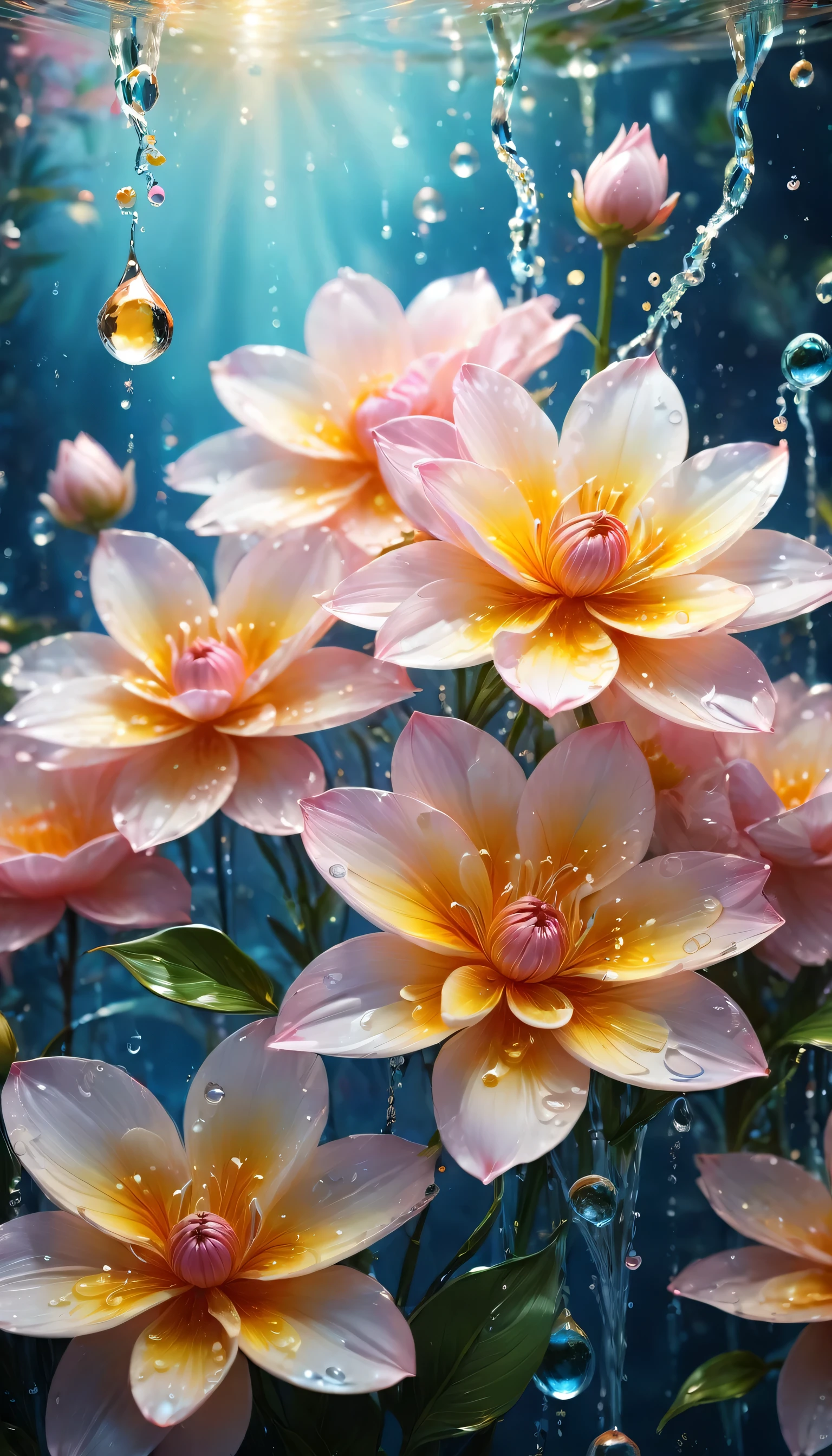 (((Intricate details:1.4))), (((Crazy details:1.4))),(((best quality:1.3))), (((Soft colors 4k highly detailed digital art:1.3))). | close up:Delicate water splashes form magical flowers, Like water reflecting light, Every drop of water is carefully drawn,And used the master-level gouache painting technique,Shrouded in the mysterious atmosphere of light and shadow art, Water splashes everywhere, good environment, Cleverly illuminated,fantasy art behance,Surreal, Its beauty and power are captured,It gives people a solemn atmosphere.