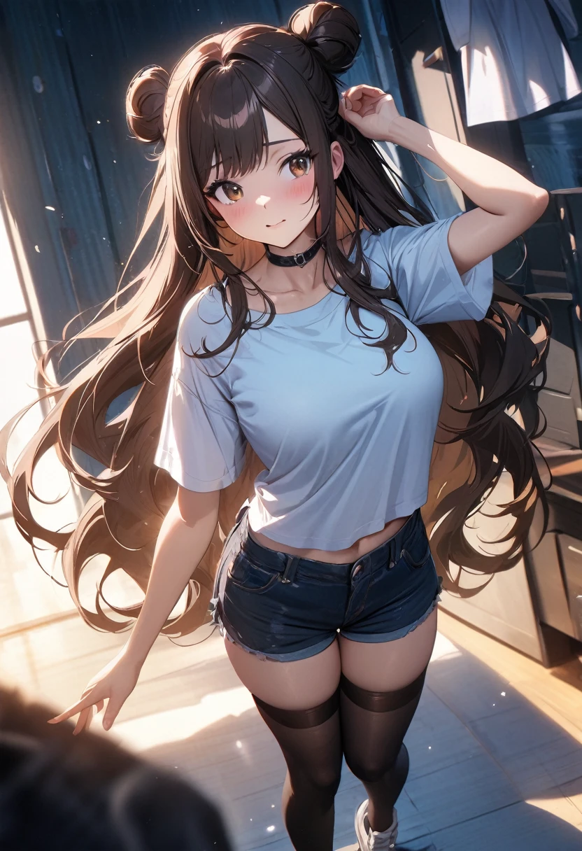 (masterpiece), best quality, very aesthetic, newest, absurdres, detailed, high quality
BREAK
highest quality, top quality, details, highres, ultra fine painting, digital art, official art, cinematic, 4k, 8k resolution, 8K CG wallpaper, CG, original artwork, detailed background, colorful background, blue atmosphere, High Dynamic Range, blurry background, blue hour, Starburst effects, crepuscular rays, good ISO, high resolution, wide shot, from far away, RAW photo, POV, sharp focus, light reflection, reflections, intricate details, soft light, particle noise, professional photography, bokeh, depth of field, natural lighting, vibrant colors, looking away, detailed lights and shadows, stylish, ultra-detailed, top rated on Pixiv, trending on Artstation, niji style, modern-days, master crafted, pose
BREAK
solo, close up shot, from above, 1girl, pale skin, correct fingers, detailed hand, (big breasts:1.2), big thighs, small torso, short body, flushtered, blush, anxious expression, embarassed, embarassed act, casual, slim, ((cute, childlike face):1.3), nice hips, nice body, brown hair, (very long flowing hair), (big 2 buns hairstyle)), long bangs, long hair, middle hair bangs, brown eyes
BREAK
((baggy crop shirt), shorts, stockings, choker, full body pose, modern fashion)
BREAK
Hanging clothes, folded clothes, walls, changing room, wardrobe