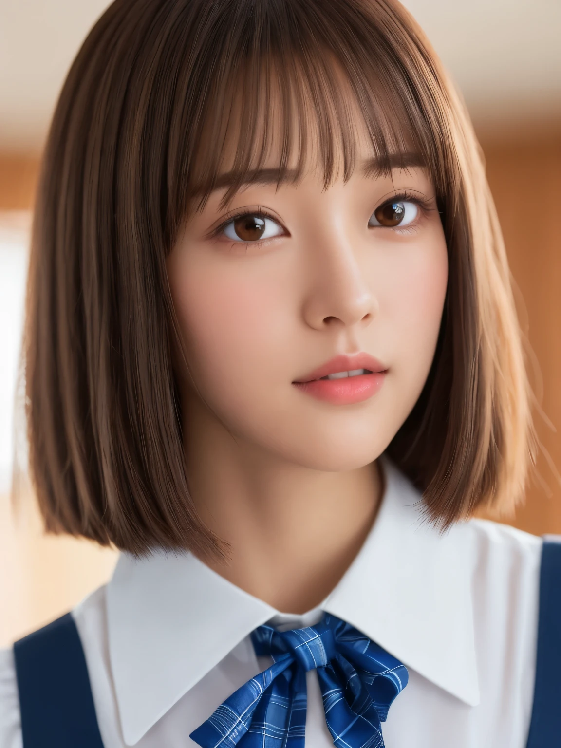 masterpiece、close up of face、View from the front、young beautiful japanese woman、（Jumping around energetically）、gorgeous figure、Wearing a short-sleeved white collared shirt and a plain shiny red satin bow tie、She is wearing a blue tartan plaid skirt.、absolutely beautiful face、glossy lips、double eyelids in both eyes、natural makeup、 long eyelashes、Shiny smooth light brown medium length hair,、asymmetrical bangs、tanned skin、alone in the classroom、、head frame、center image、8K resolution、high details、detailed hairstyle、detailed face、great movie lighting、octane rendering、vibrant、Super realistic、perfect limbs、perfect anatomy、short hair、Full body Esbian