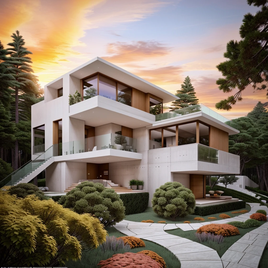 The MODERN HOUSE is located on the upper hill, (curly pathway in front of the house), white wall, concrete, glass windows, wood ceilings, ((big front yard)), court outside, rocky, pine forest, in FALL, ((SUNSET))