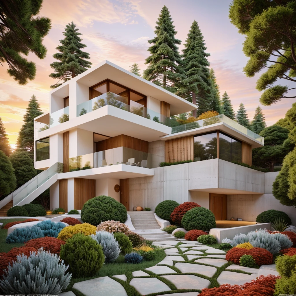 The MODERN HOUSE is located on the upper hill, (curly pathway in front of the house), white wall, concrete, glass windows, wood ceilings, ((big front yard)), court outside, rocky, pine forest, in FALL, ((SUNSET))