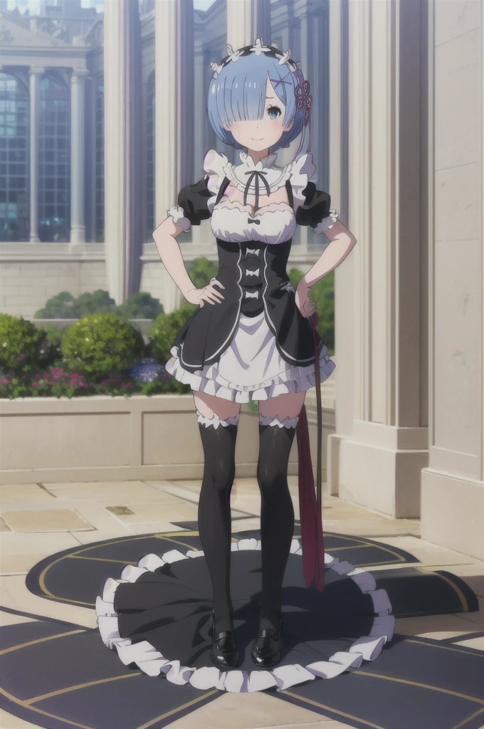 (((pixel-perfect, detail-perfect))), solo, 1girl,  rem, roswaal mansion maid uniform, maid headdress, looking at viewer, smile, full body, smile, hand on hip, standing