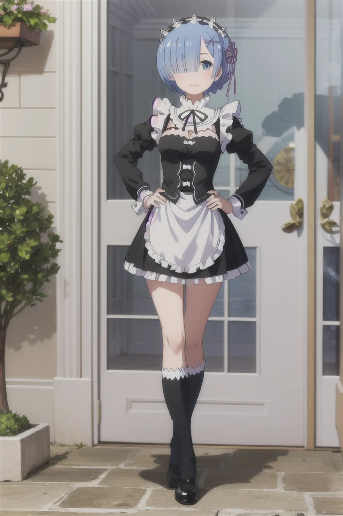 (((pixel-perfect, detail-perfect))), solo, 1girl, rem, roswaal mansion maid uniform, maid headdress, looking at viewer, smile, full body, smile, hand on hip, standing