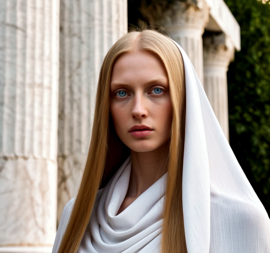 Close-up shot from the front, windy, a wise serene cool smart keen green Almond eyes light Blonde eyelashes bare-faced rosy fair skin 24-year-old Russian model Natural woman with (simple Straight Straight Straight Straight Straight ultra-long ultra-long ultra-long ultra-long ultra-long ultra-long) shiny ginger hair in simple white Draped Medieval cloak. The scene is overgrown Ivy coils around the white marble columns of an ancient Greek temple. very soft Diffused lighting, pale blue tone, night.