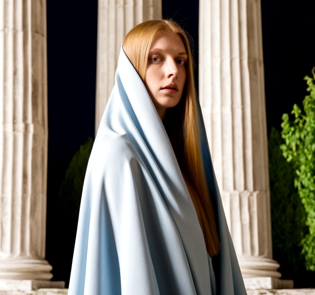 Close-up shot from the front, windy, a wise serene cool smart keen green Almond eyes light Blonde eyelashes bare-faced rosy fair skin 24-year-old Russian model Natural woman with (simple Straight Straight Straight Straight Straight ultra-long ultra-long ultra-long ultra-long ultra-long ultra-long) shiny ginger hair in simple white Draped Medieval cloak. The scene is overgrown Ivy coils around the white marble columns of an ancient Greek temple. very soft Diffused lighting, pale blue tone, night.