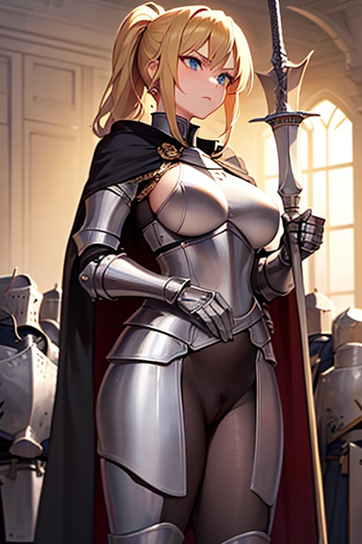masterpiece, extra limbs, 1lady, 25 years old, gold long high ponytail, gold pubic hair, slant blue eyes, medium pointy breasts large areolas, muscle, serious, standing,hold a claymore, (((clothed Knight cape))),
