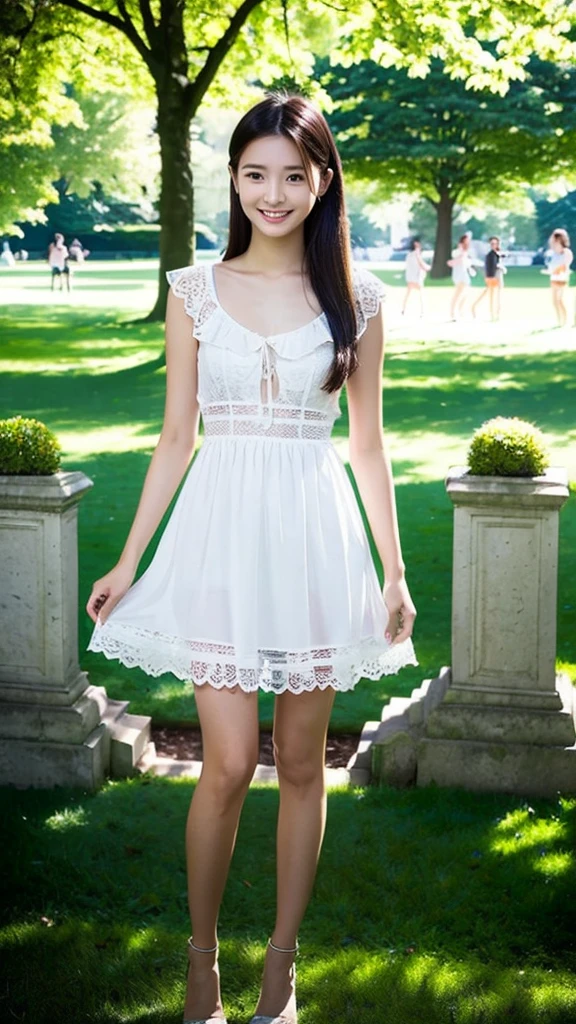 (Highest quality:1.5), (Real:1.4), (Ultra high definition:1.4), (No correction:1.4), (Skinny 18 year old girl), (1 Japanese very thin girl with flat chest in eighteen years old), (very thin body), skinny face, (Beautiful skin), (Ruffled Dress), High heels, (girl is wearing Ruffled Dress), (very thin girl is standing on the grass in the park), (18yo very thin girl is standing on the grass in the park), (front view of a flat chest girl), On the grass in the park, (Upper Body), (smile), (Turn your body forward), (flat chest), (very thin)
