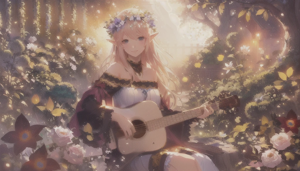 high quality、Flowers and trees々Anime girl playing the fiddle in a garden with flowers, Elven bard of the forest playing the lute, Elf Girl wearing an flower suit, Elf Princess, Elf Girl, Fantasy art style, Anime fantasy artwork, Elf Princess, Gweiz-style artwork, Anime fantasy illustration, Beautiful maiden, 2. 5 d cgi Anime fantasy artwork, Beautiful fantasy anime