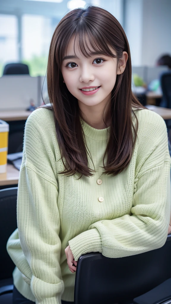 (8K, RAW Photos, Highest quality, masterpiece:1.3), (Realistic, photo-Realistic:1.4), (Highly detailed 8K wallpaper), Sharp focus, Written boundary depth,
Japanese Idols,very cute,(Baby Face),sweater, Look at us and laugh, Upper Body, Highly detailed face and eyes,((Shiny skin:1.2)), Cinema Lighting, Soft Light, Blur the background, Bokeh,(office, Modern, stylish, Glass Wall, Open space:1.2)