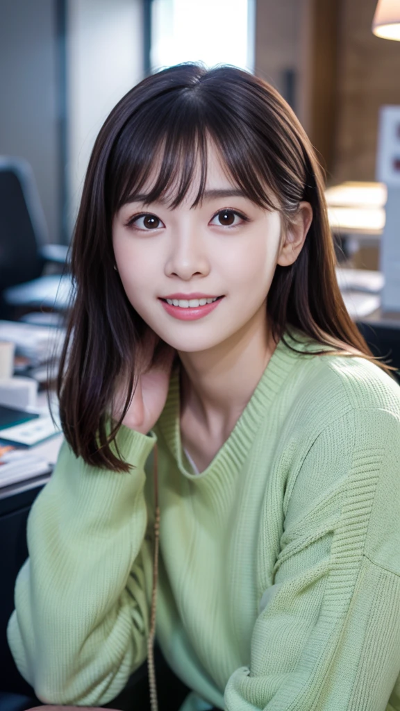 (8K, RAW Photos, Highest quality, masterpiece:1.3), (Realistic, photo-Realistic:1.4), (Highly detailed 8K wallpaper), Sharp focus, Written boundary depth,
Japanese Idols,very cute,(Baby Face),sweater, Look at us and laugh, Upper Body, Highly detailed face and eyes,((Shiny skin:1.2)), Cinema Lighting, Soft Light, Blur the background, Bokeh,(office, Modern, stylish, Glass Wall, Open space:1.2)