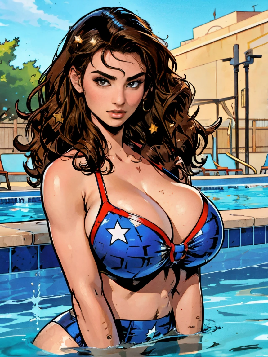 Gorgeous and sultry busty athletic (thin) brunette with sharp facial features and a (big hair) and (huge boobs) wearing a star-spangled bikini, Americana, swimming pool.