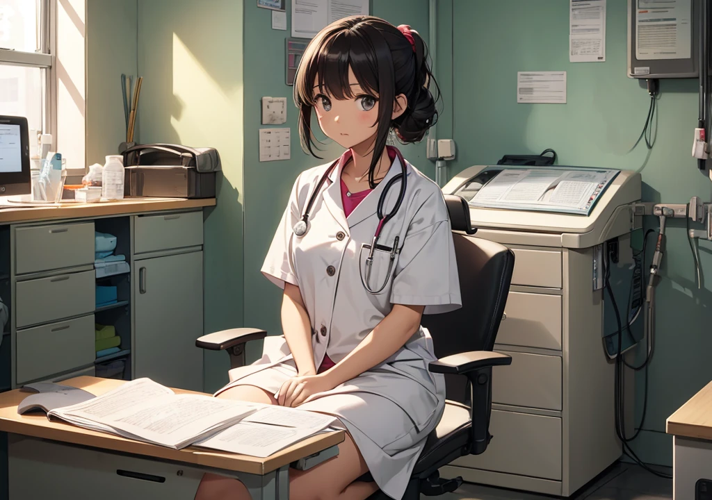 Lilly sitting for check-up to doctor, doctor examine her, in a doctor clinic room