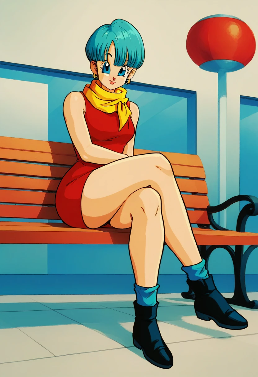 Bulma red dress, yellow scarf, sitting on a bench , crossed legs