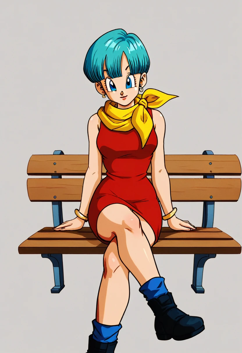 Bulma red dress, yellow scarf, sitting on a bench , crossed legs