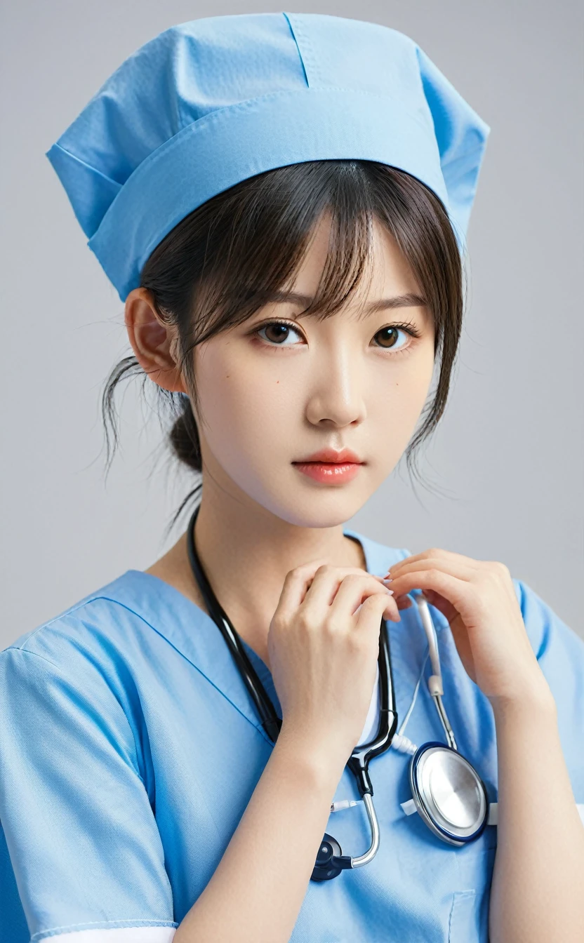 Realistic,Japanese young idol one girl portrait,nurse,Wearing a blue doctor's uniform with a collar,本物のnurseの帽子,smile,Simple light blue background,Tilting face,See-through bangs,Popular Korean makeup,photoRealistic,