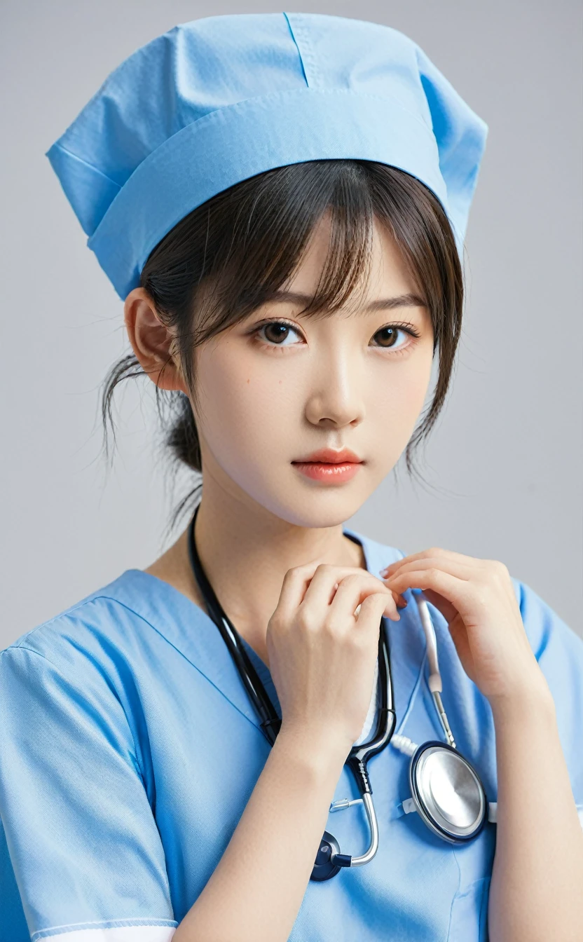 Realistic,Japanese young idol one girl portrait,nurse,Wearing a blue doctor's uniform with a collar,本物のnurseの帽子,smile,Simple light blue background,Tilting face,See-through bangs,Popular Korean makeup,photoRealistic,