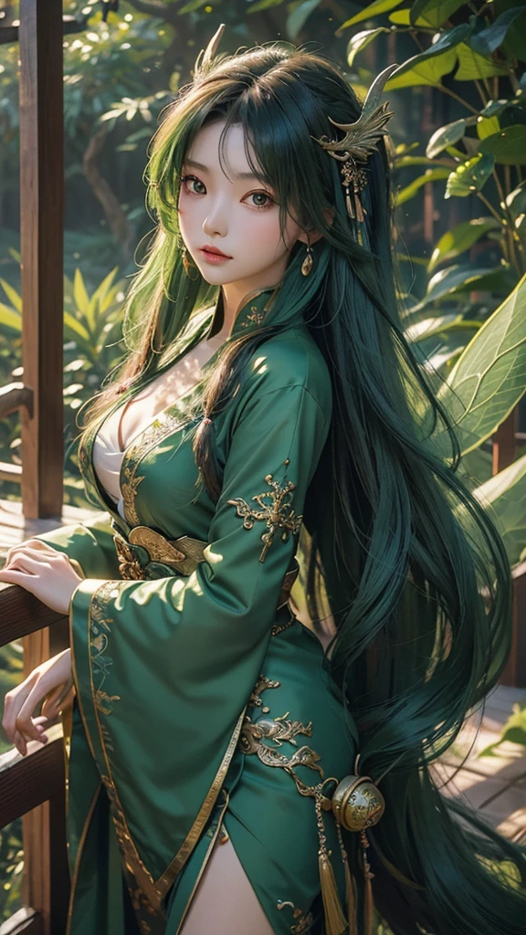 ((高Picture quality、Picture quality、Ultimate Picture quality、Extremely detailed masterpiece details)),Oriental Xiangyun,Green dragon appears,18 year old fairy girl,Long hair flows from the dust,Wearer green clothing,Xiangyunzhong,