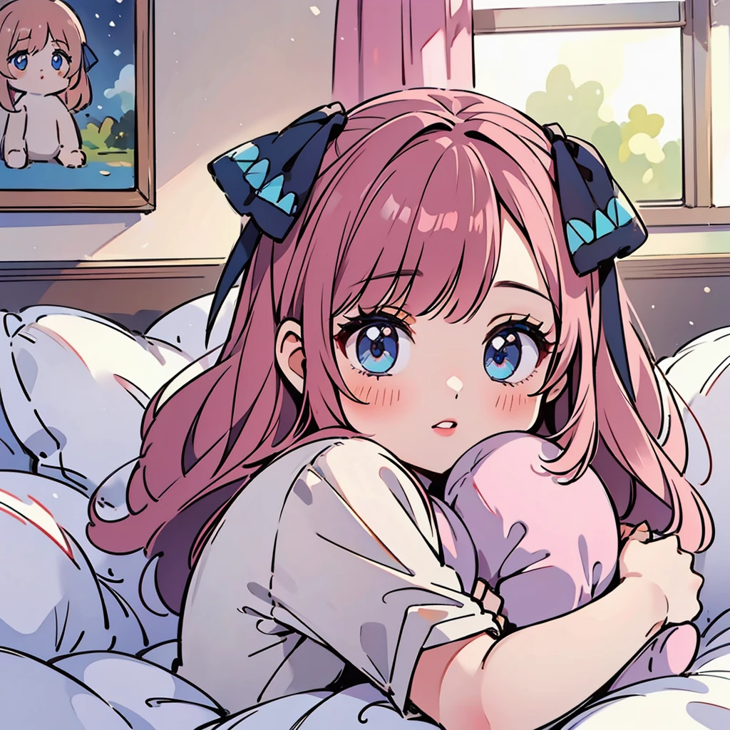 1 girl, solo, a cute  doll in pajamas, nino nakano, hair ribbons, photorealistic, beautiful detailed eyes, beautiful detailed lips, extremely detailed face, longeyelashes, 1girl, sitting on bed, having pajama , warm lighting, soft pastel colors, cozy bedroom interior, plush toys, stuffed animals, decorative pillows, fuzzy blankets, (best quality,4k,8k,highres,masterpiece:1.2),ultra-detailed,(realistic,photorealistic,photo-realistic:1.37),HDR,UHD,studio lighting,ultra-fine painting,sharp focus,physically-based rendering,extreme detail description,professional,vivid colors,bokeh