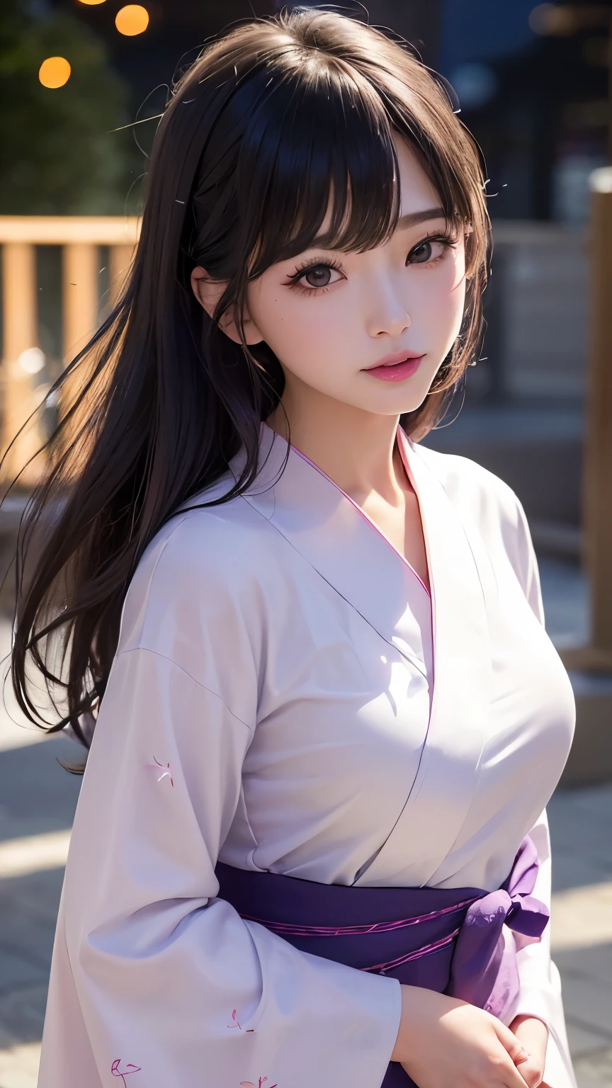 (logo、masterpiece、8K、Tabletop、RAW Photos、wonderful、最high quality、フォトリアリスティックでVery detailedな CG 複合 8K 壁紙、high quality、Very detailed、Narrative poem、Particle Effects、Dynamic Effects、Depth of the Boundary、Cinematic Light、Lens flare、Ray Tracing)、 (One beautiful woman wearing a yukata、White yukata、Light purple pattern)、Black-haired、High definition skin、Very fine、Fine skin texture、Beautiful Face、True Face、Beautiful details in the eyes、Realistic eyes、Beautifully detailed eyes、Realistic Skin、Beautiful Skin、Surreal、Smiling Eyes、Hair and light eyes、vivid、Colorful lights and bokeh、plump lower lip、Pink Lips、Hair flutters in Wind、Hair bounces、wonderful景色、night、evening、Wind、moonlight、moonlight、light