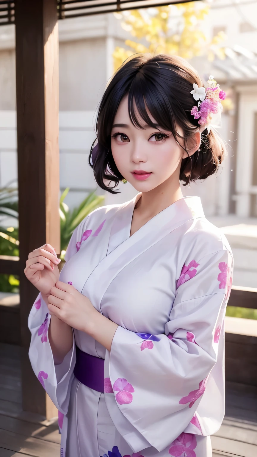 (logo、masterpiece、8K、Tabletop、RAW Photos、wonderful、最high quality、フォトリアリスティックでVery detailedな CG 複合 8K 壁紙、high quality、Very detailed、Narrative poem、Particle Effects、Dynamic Effects、Depth of the Boundary、Cinematic Light、Lens flare、Ray Tracing)、 (One beautiful woman wearing a yukata、White yukata、Light purple pattern)、Black-haired、High definition skin、Very fine、Fine skin texture、Beautiful Face、True Face、Beautiful details in the eyes、Realistic eyes、Beautifully detailed eyes、Realistic Skin、Beautiful Skin、Surreal、Smiling Eyes、Hair and light eyes、vivid、Colorful lights and bokeh、plump lower lip、Pink Lips、Hair flutters in Wind、Hair bounces、wonderful景色、night、evening、Wind、moonlight、moonlight、light
