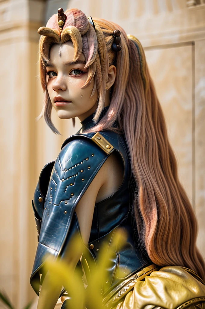 headshot photo of tenletters, focus on face, wearing leather armor , her Peach puff color hair is styled as greek bun,