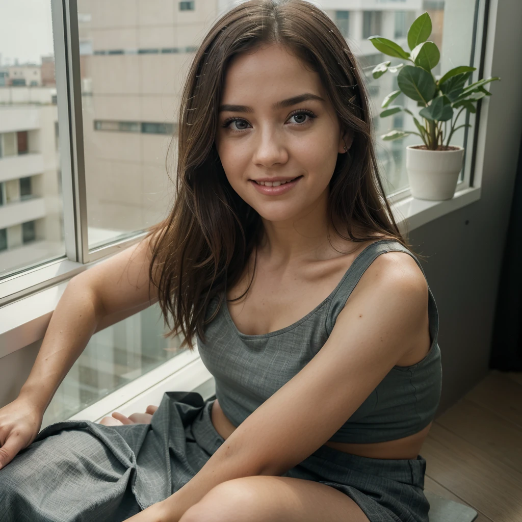 Full body image of (woman sitting on a window sill in a flowing maxi skirt and tank top. small smiling), (Detailliertes realisitices Gesicht), (((Hyperdetailed))), diminished, symmetrical face, detailed pupil, expressive eyes, Casey Baugh, Michael Garmash, Sofia Anderson, hasui kawase, make up, real photography, modern look, real photography (realisitic:1.5)