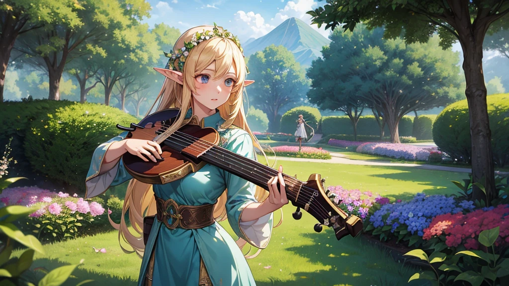 high quality、Flowers and trees々Anime girl playing the fiddle in a garden with flowers, Elven bard of the forest playing the lute, Elf Girl wearing an flower suit, Elf Princess, Elf Girl, Fantasy art style, Anime fantasy artwork, Elf Princess, Gweiz-style artwork, Anime fantasy illustration, Beautiful maiden, 2. 5 d cgi Anime fantasy artwork, Beautiful fantasy anime