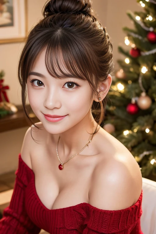 A girl wearing a cute knit dress、Off the shoulder、double bun、Warm Christmas Night、Around her、A dining table sparkling with Christmas decorations.、Create a warm atmosphere。smile:1.1、A special Christmas、Enjoy your time、freckles、24-years-old、necklace、Earrings、Small breasts、cleavage 、Eye-detailed resolution、open clothes