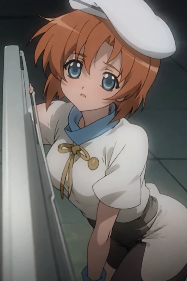 One girl,Beautiful viewasterpiece、Highest quality),Short Hair,Orange Hair,Blue wristband,Purple ribbon,,Short sleeve,,Light colors,White Beret,Blue eyes,White slit dress,Black tights,whole body,Brown boots