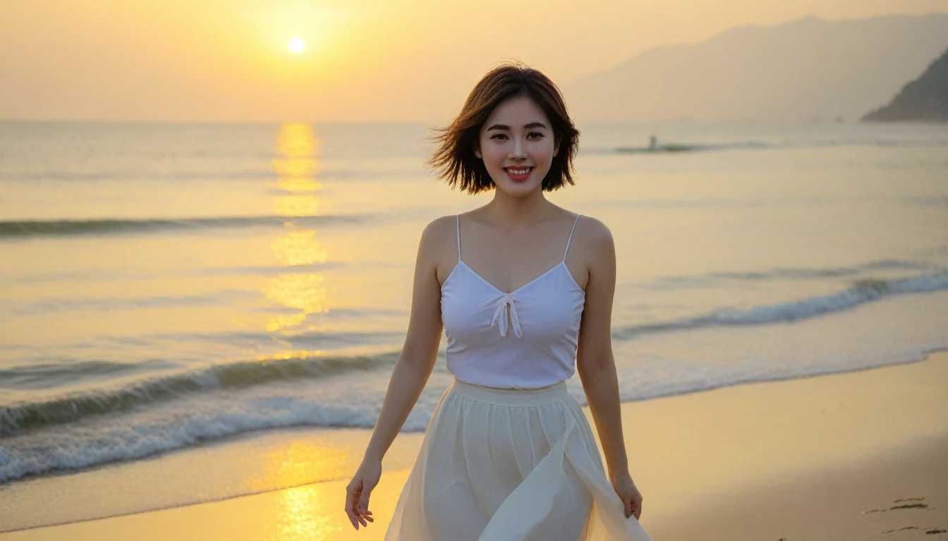 Beautiful Korean Woman, Chest size 34 inches, Wear sleeveless, light skirts, Looking at the sea from the beach at sunset. beautiful pretty woman look , wearing a light skirt , Go far into the sea water and soak your feet, wet,burning sunset light, Short medium hair blowing in the wind, 1 woman, beautiful eyes, A slight smile, Danang Beach, Vietnam, Taken from afar with a wide angle lens. uhd