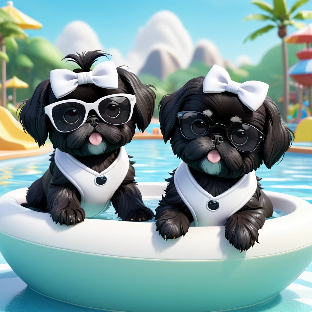 2 Adorable small black Shih Tzu puppies wearing white bathing suit sunglasses water park 3d cartoon 3d render disney pixar style