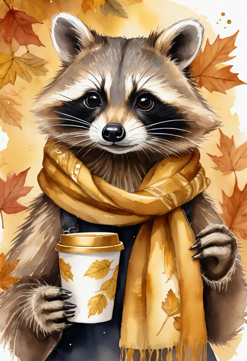 cute Raccoon, scarf, hand holding take away coffee cup , gold leaf, autumn , watercolor style, illustration, detailed, 8k
