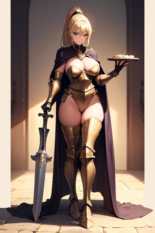 masterpiece, extra limbs, 1lady, 25 years old, gold long high ponytail, gold pubic hair, slant blue eyes, medium pointy breasts large areolas, muscle, serious, standing,hold a claymore, (((clothed Knight cape))),