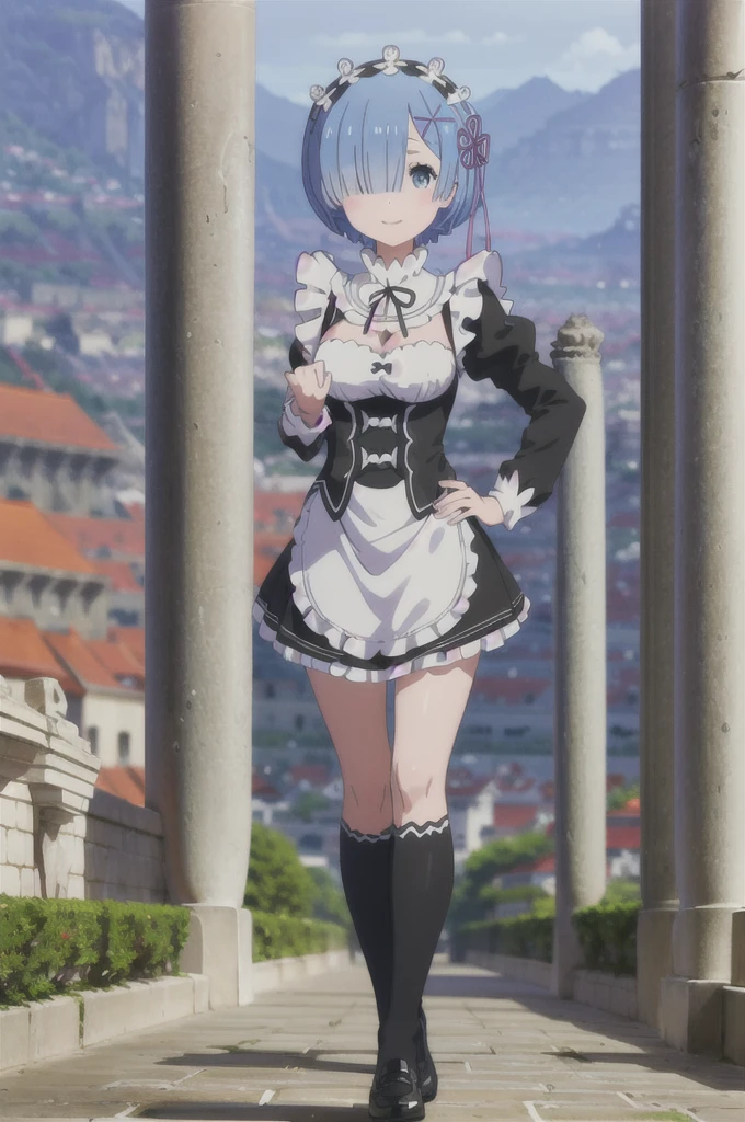 (((pixel-perfect, detail-perfect))), solo, 1girl, rem, roswaal mansion maid uniform, maid headdress, looking at viewer, smile, full body, smile, hand on hip, standing