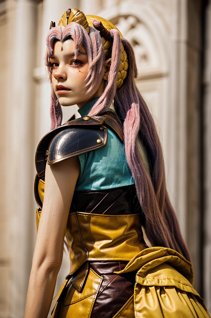 headshot photo of tenletters, focus on face, wearing leather armor , her Peach puff color hair is styled as greek bun,