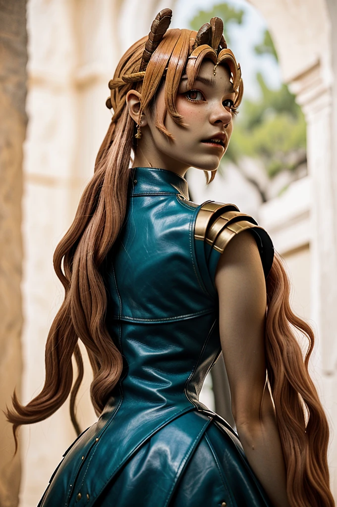 headshot photo of tenletters, focus on face, wearing leather armor , her Peach puff color hair is styled as greek bun,