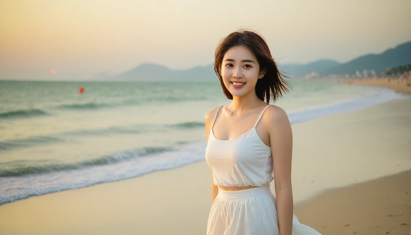 Beautiful Korean Woman, Chest size 34 inches, Wear sleeveless, light skirts, Looking at the sea from the beach at sunset. beautiful pretty woman look , wearing a light skirt , Go far into the sea water and soak your feet, wet,burning sunset light, Short medium hair blowing in the wind, 1 woman, beautiful eyes, A slight smile, Danang Beach, Vietnam, Taken from afar with a wide angle lens. uhd