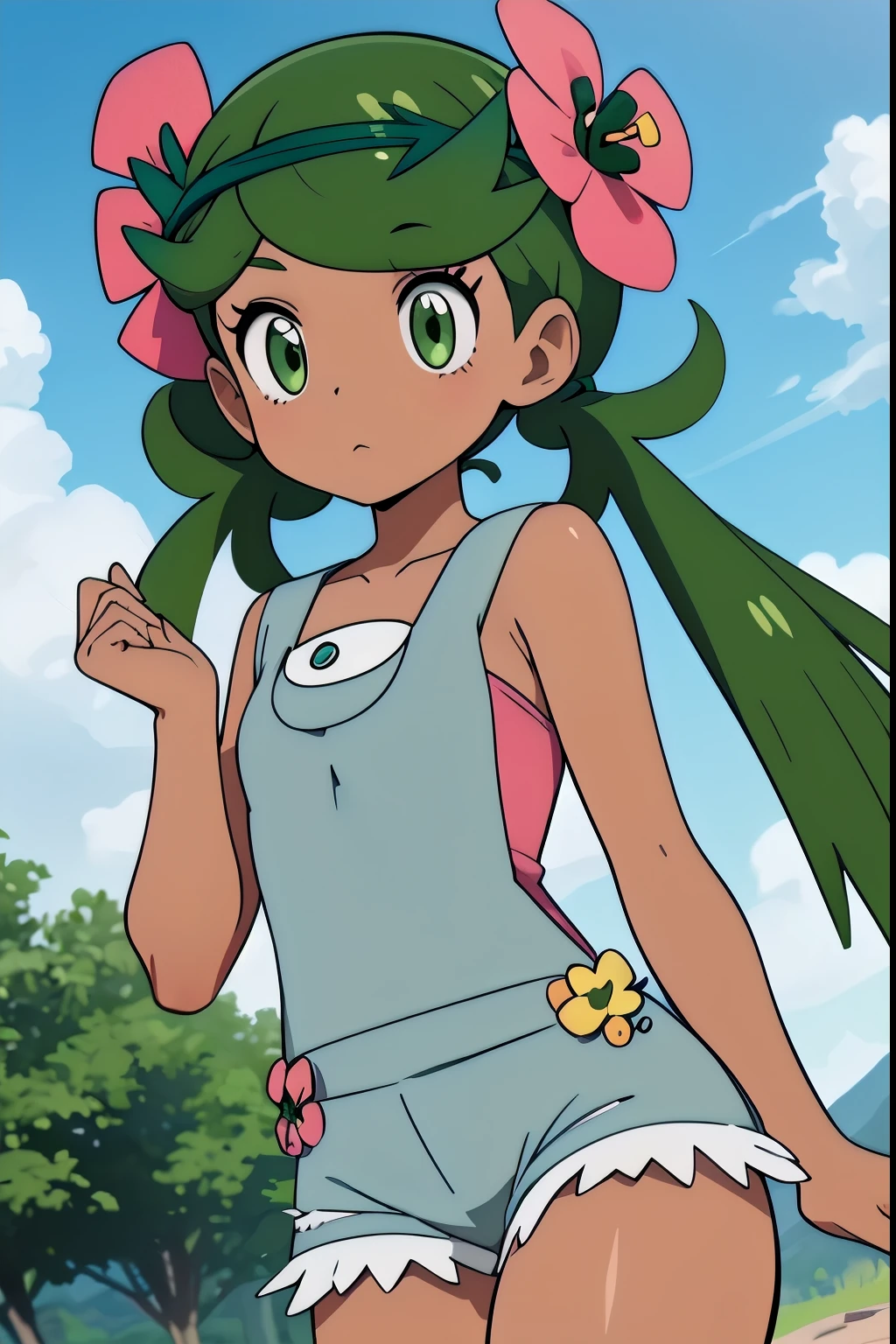 (masterpiece, best quality), 1 woman,  pkmnmallow, 1 woman, alone, green eyes, green hair, long hair, low twintails, sweeping bangs, black skin, black skin의 여성, green hairband, headdress, hair flower, pink flowers,, pink shirt, bare shoulders, sleeveless, smock, shorts,