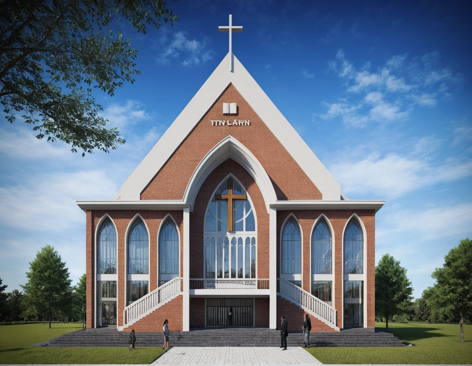 raw photo, best quality, ultra realistic, masterpiece, best quality skin, photography hd, dslr, tcs, httlvn, modern church, road, people, house, facade design, outdoors, church,