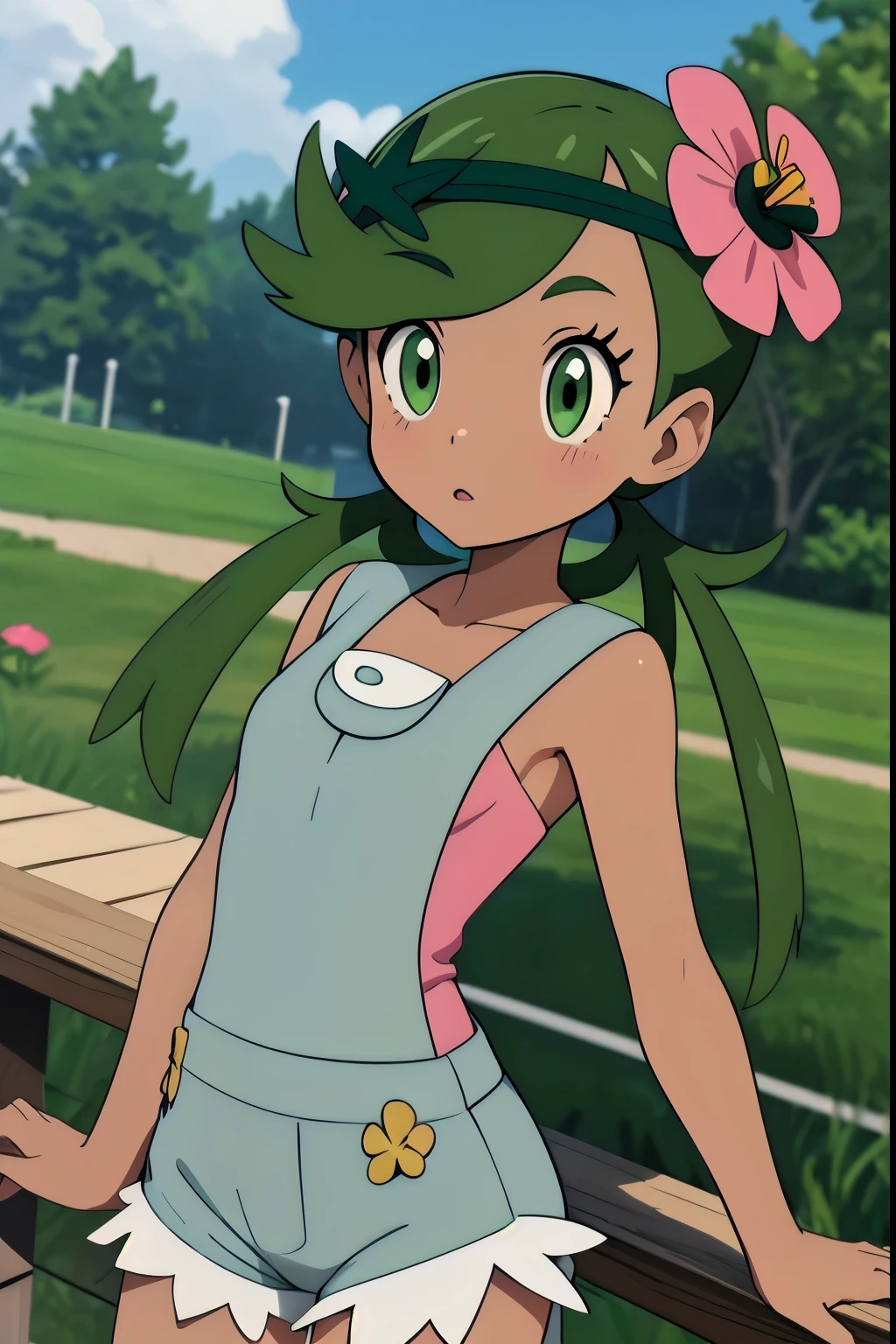 (masterpiece, best quality), 1 woman,  pkmnmallow, 1 woman, alone, green eyes, green hair, long hair, low twintails, sweeping bangs, black skin, black skin의 여성, green hairband, headdress, hair flower, pink flowers,, pink shirt, bare shoulders, sleeveless, smock, shorts,