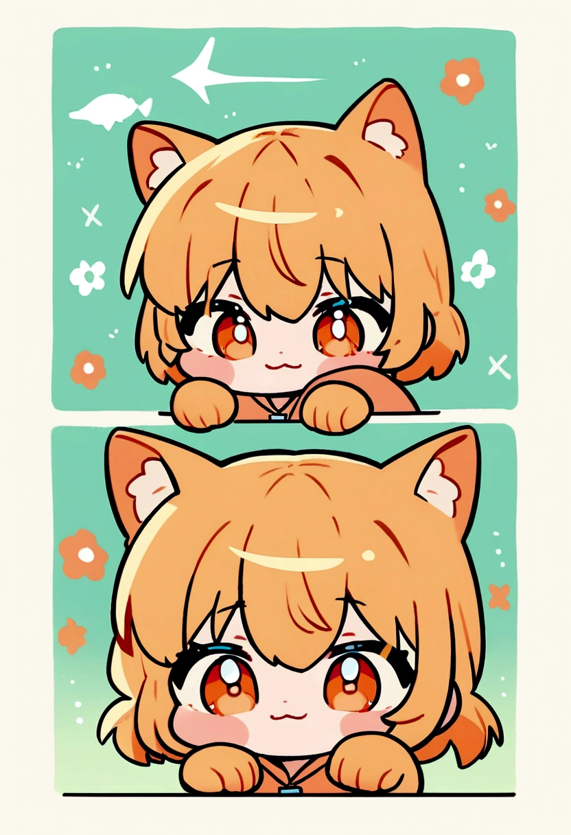 List of illustrations of cute tortoiseshell cat poses, chibi characters, display several side by side, cute colors and poses, best image quality