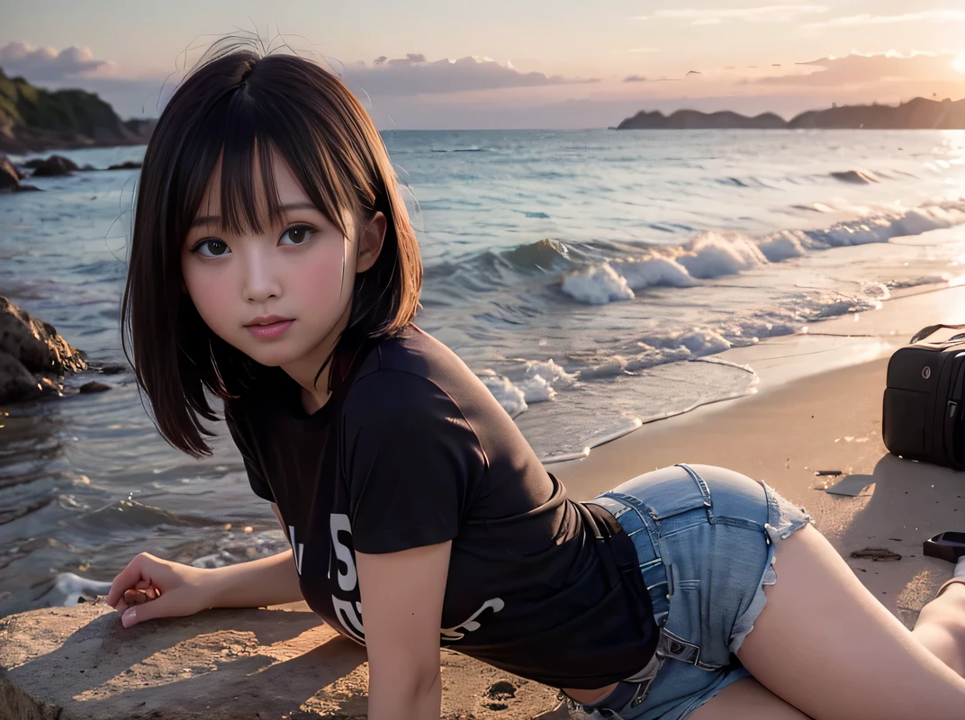 Sea view, 
 Blake Background Only Rock Formation:1.6, 

 Break Foreground only Sandy beach :1.6, 
evening, sunset, Ocean Waves, Water reflection, 
 Anatomically completely correct:1.6, 
((1 Japanese girl)), Very short bob cut:1.2,  blush, Shyly, 17 years old, Open the mouse a little, 
Showing off Slightly Swelled Lower Buttocks from ブーティーショーツ:1.2, 
Moderate ASS,Shorts , (T-shirt waist length:1.4), Non-nipples:1.4, 
 Blake Beautiful Ass,  
Brown Hair, Wet Hair, 
Hilarious:1.0, smile:1.0, Ecstasy:1.0, [[Puff out your cheeks]], 
Viewers looking straight back:1.2, 

Dynamic Angle,, whole body, 
SFW:1.2, 
 break
, RAW Photos, Highest quality, masterpiece, Realistic, PhotoRealistic, Highly detailed 8k wallpaper, Beautiful and detailed eyes, Detailed painted face, 
High key lighting, Professional Lighting, Cinema Lighting, Side Lighting, Bokeh、((One person))、