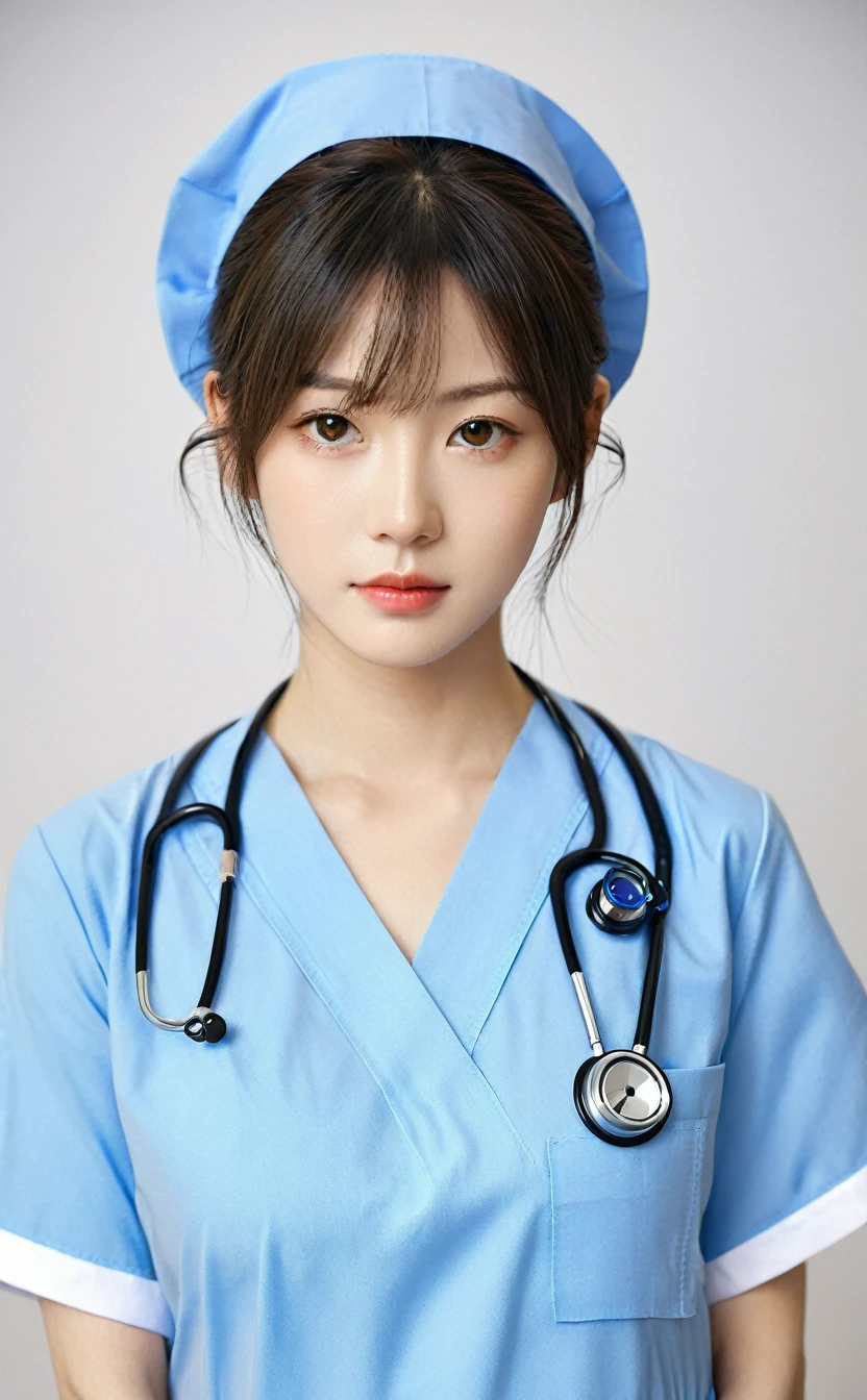 Realistic,Japanese young idol one girl portrait,nurse,Wearing a blue doctor&#39;s uniform with a collar,Please laugh,Clean atmosphere,Simple light blue background,Tilting face,Popular Korean makeup,photoRealistic,