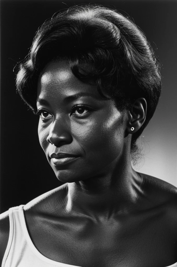 Vintage black and white photo of a 57-year-old woman with dark skin, muscular, round face and upturned nose with a mole on the left cheek in New York, dressed in 1979 style