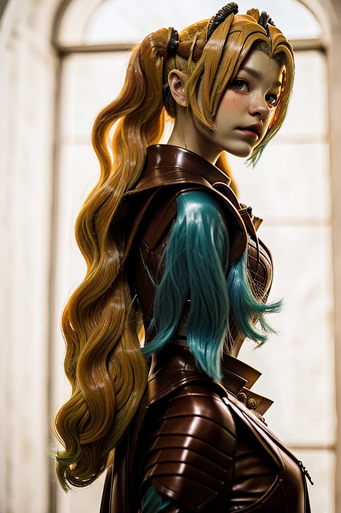 headshot photo of tenletters, focus on face, wearing leather armor , her Peach puff color hair is styled as greek bun,