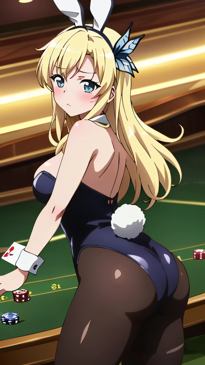 (masterpiece, best quality, 8k:1.2), (anime), sena, long hair, Blonde, hair ornament, glamour, Large medium breasts, (Bunny girl, Black tights, Casino, Behind, Buttocks, Blush), dynamic angle