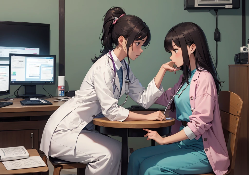 A doctor checking lilly to her treatment, lilly sat on a table as patient and a doctor checking her with a stethoscope